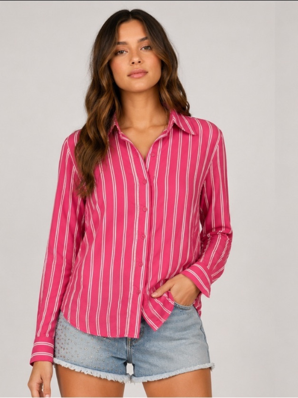 Grand & Greene Pink Striped Button Up Collared Long Sleeve Shirt Women’s SIZE S